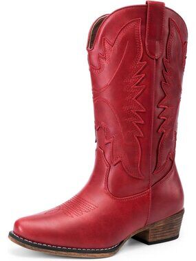 Women's Red Cowgirl Western Mid Calf Boots Snip Toe Embroidered Stitched